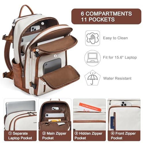 tiamyi Leather Backpack for Women and Men, Fits 17 Inch Laptop, Stylish Lay-Flat Carry-on Vegan Leather Rucksack with Luggage Strap for Daily Use, Laptop Backpack — view 6
