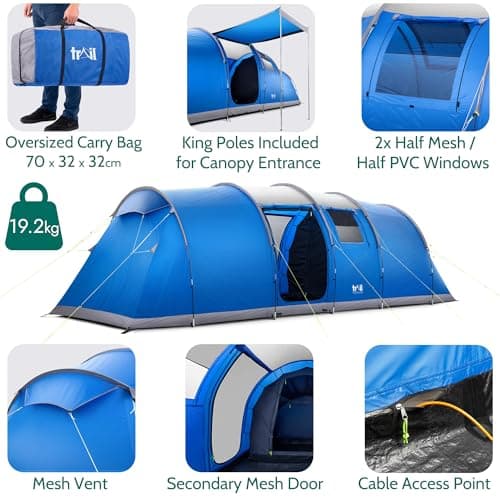 Trail Hexton XL 6 Man 2 Room Tent, Family Camping Tunnel Tent, 5000mm Waterproof, Dark Zone Bedrooms, Living Area with Standing Height, Sewn In Groundsheet, Carry Bag (L700cm x W240cm x H220cm) — view 5
