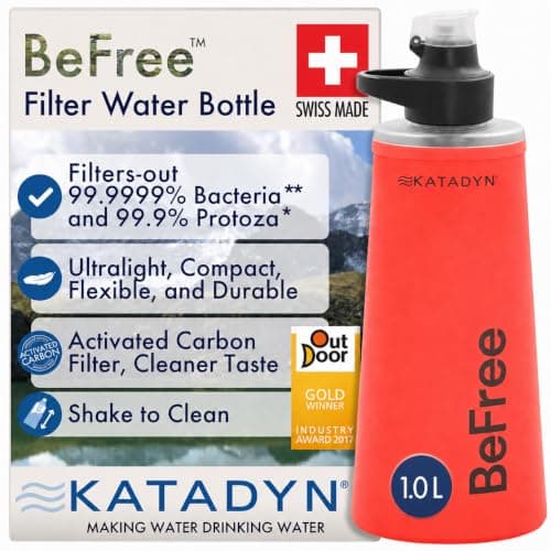 Katadyn BeFree AC 1L Soft Water Filter Bottle – Red, Ultralight & Collapsible Flask, First-of-Its-Kind Activated Carbon Filter Improves Taste & Odors, Ideal for Hiking, Travel, Sports & Emergencies