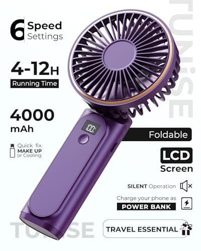 TUNISE Portable Handheld Fan, Portable Fan Rechargeable, 4000mAh, 180° Adjustable, 6 Speed Wind, Display Electricity in Real Time, USB Rechargeable Foldable Fan — view 2