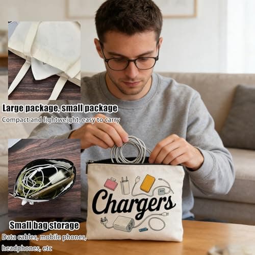 YNR Charging Cable Organizer Bag, Canvas Travel Pouch for Electronics Accessories, Waterproof Storage with Zipper, Portable Tech Cord Organiser — view 5