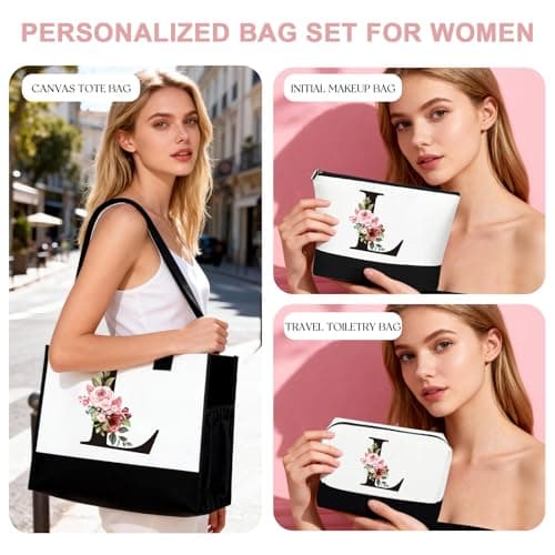 Birthday Gifts for Women - Initial Canvas Tote Bag & Makeup Bag, Personalized Gifts for Women,Personalized Present Bag,Custom Bags for Beach,Wedding,Birthday Gift for Mom Sister Friends (L) — view 5
