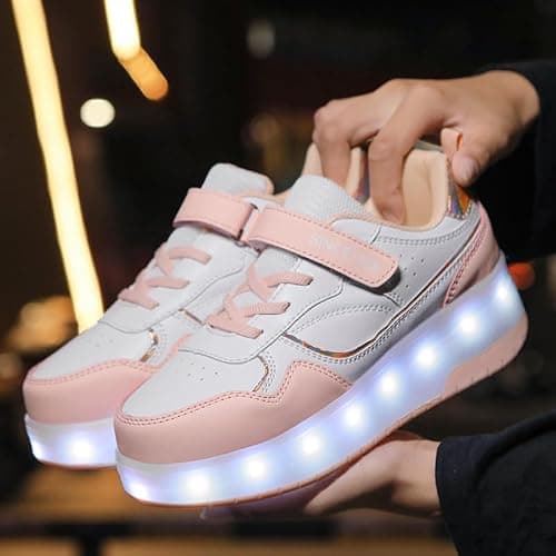 Roller Skate Shoes for Boys and Girls Kids LED Light Up Fashion Sneakers Skating Shoes with Rechargeable and Detachable Wheels The Gift for Party Birthday Christmas Day Pink — view 2