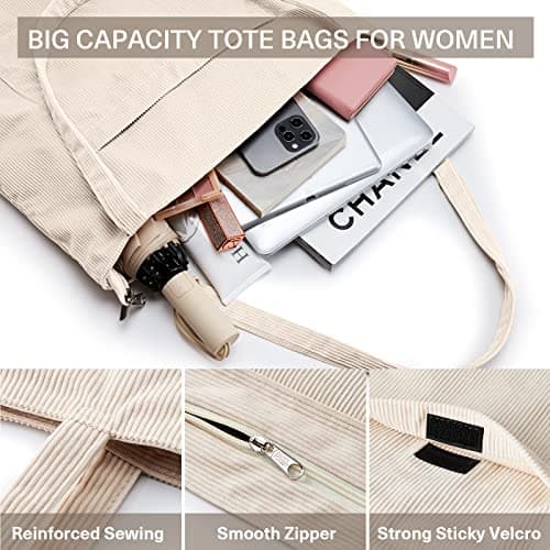 KALIDI FANCY FOREST KALIDI Corduroy Tote Bag with Zipper Waterproof Cord Tote Bag with Pockets Compartts Large Capacity Shoulder Bags Handbags for School Work Shopping Travel Daily Use,Beige — view 5