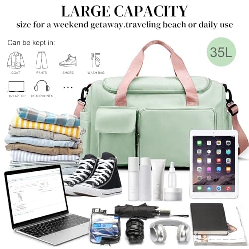 RainFlowwer Travel Duffel Bag Women Men,Sports Gym Bag with Shoes Compartment,Waterproof Travel Bag Overnight Bag with Dry Wet Separated Pocket,Carry Luggage Bag Weekender,Sports,Gym,Travel (Green) — view 4