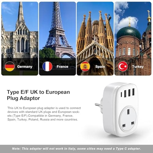 UK to European Plug Adaptor - UK to EU Plug Adapter Euro Europe European Schuko USB C Travel Charger with USBC Type C for France Germany Spain Turkey Greece Poland Iceland Russia (Type E/F) Tusreda — view 5