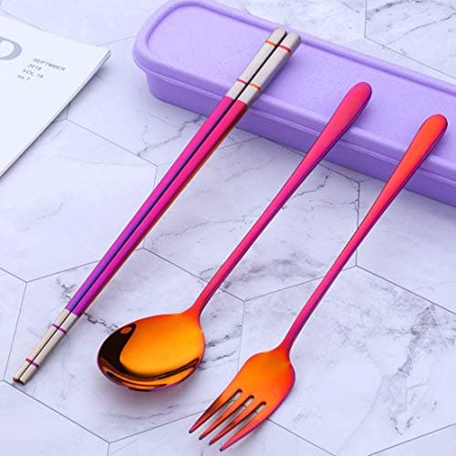 SBOMHS Stainless Steel Portable Travel 3-Piece Cutlery Set with Case Fork Spoon Chopsticks for 1 Camping Flatware for School Picnic Utensils Brown Red — view 6