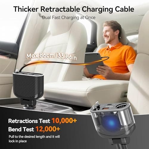 Magjieyx Retractable Car Charger, 180W Cigarette Lighter Splitter Fast Charging Socket with Replaceable Fuse Dual Type C Cables Compatible with iPhone 17/16/15/14/13/12/11 Pro Max Plus iPad Galaxy — view 2