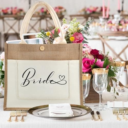 Bride Jute Tote Bag, Bridal Shower Wedding Bachelorette Bride Gifts Shoulder Bag, Reusable Shopping Bags for Wedding Day Engagement Proposal Hen Party Suitable for Travel Picnic Beach Holiday — view 3
