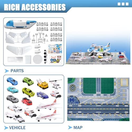 Airport Toys Airplane Car Toy Set for Kids with Trucks, Helicopter, Planes, Signs, Fire Trucks Race Cars and Airport Playmat, Great Military Toys Parking Lot Toy for 3 4 5 6 7 8 Boys Girls Toddler — view 3