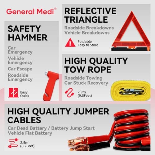 General Medi 127-Pieces Roadside Car Emergency Kit Include Mini First Aid Kit, Jumper Cables,Tow Rope, Bandage, Safety Vest, Emergency Triangle, All in One Pack — view 6