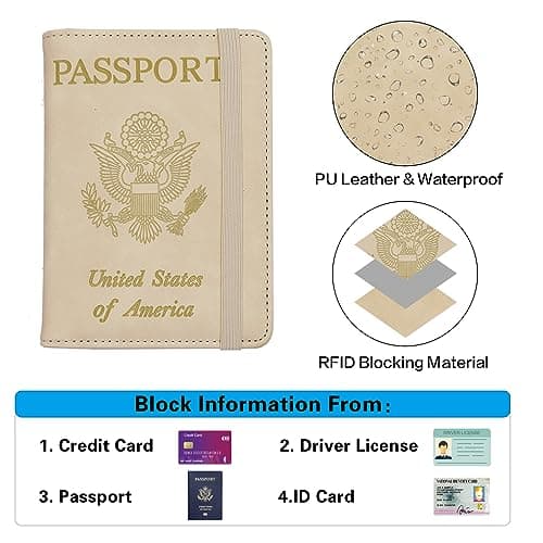 Melsbrinna Premium Leather Passport Holder Covers Case, Waterproof RFID Blocking Travel Wallet Passport Holder with Pen Holder, Cute Passport Book for Women/Men, ELA-Beige, 5.7 x 4.72 x 0.66 inches — view 5