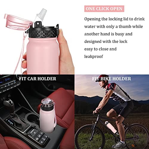 GOPPUS 600ml/20oz Stainless Water Bottle with Straw Double Wall Insulated Bottles with Strap One Hand Open Vacuum Thermal Flask with Flip Top Lid Leakproof Keep Cold Drinks BPA Free (Pink) — view 5