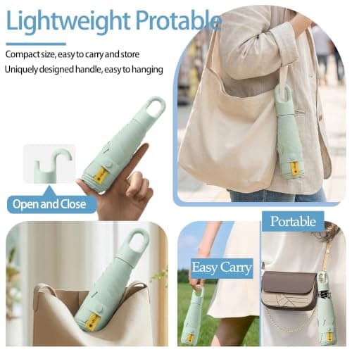 Mini Travel Folding Umbrella With Rotating Open&Close Ring Carabiner Handle for Women Kids - Micro Portable Umbrella Fits Pocket&Handbag,Small Compact,UV Protection,Anti Sun,Teflon,6 Ribs,Rain — view 4