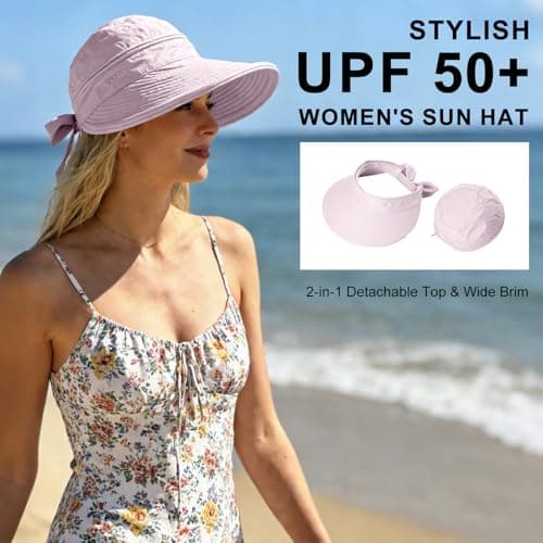 ADUDVLO Sun Hats for Women UK, Stylish UPF 50+ 2-in-1 Detachable Top & Adjustable Visor, Foldable Packable Wide Brim Beach Hat for Travel & Outdoor (Light Pink) — view 3