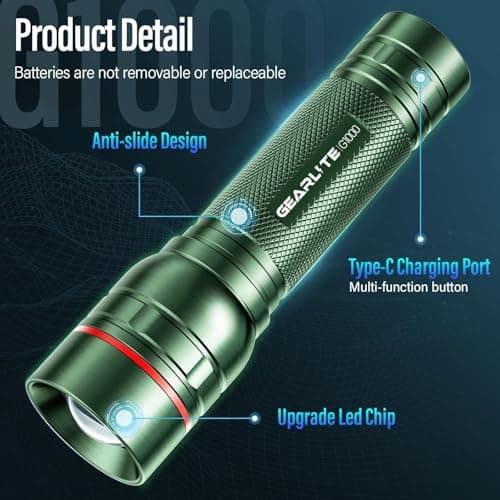 GEARLITE Rechargeable LED Torch, 2000LM Torches LED Super Bright with 3 Modes, Portable Small Torch with Battery, Waterproof Flashlight Zoomable for Power Cut, Emergency, Camping, Hiking- Green — view 4