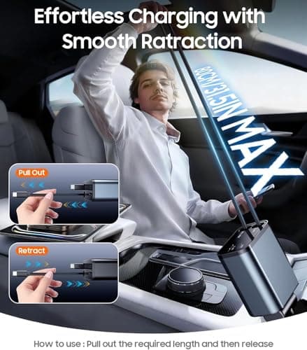 Retractable Car Charger, 69W 4 in 1 Fast Charger USB C Car Truck Accessories, Travel Essentials Gifts for Women Men, Car Accessories for iPhone 17 Pro Max Air 16 15 14 13 Plus,Galaxy,Pixel (Grey) — view 3