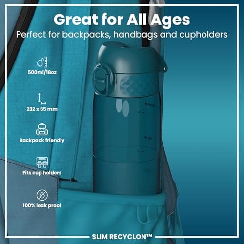 Ion8 Water Bottle, 500 ml/18 oz, Leak Proof, Easy to Open, Secure Lock, Dishwasher Safe, BPA Free, Hygienic Flip Cover, Carry Handle, Fits Cup Holders, Easy Clean, Carbon Neutral, Half Cut Deep Teal — view 2