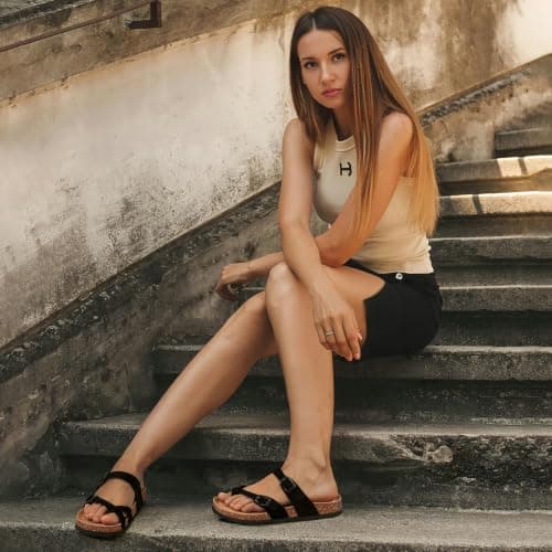 Litfun Women's Suede Cork Footbed Sandals with Adjustable Buckle Black 39 — view 3