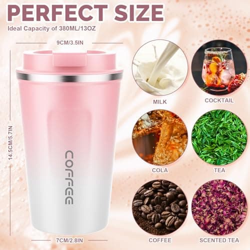MOMSIV Coffee Cup, 380ml Vacuum Reusable Leakproof Double Wall Coffee Cup, Insulation Stainless Steel Eco-Friendly Travel Office Mug for Hot Coffee Tea and Cold Drinks, Pink — view 2