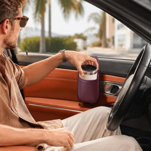 Car Door Cup Holder, Leather Car Door Storage Pocket，purple — view 5