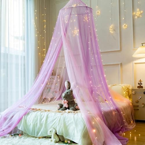 Wnqou Mosquito Net for Bed, Large Dome Canopy Mosquito Net for Single/Double Bed, Girls Room Drcor,Easy Installation for Travel and Home (Pink Purple+Lights) — view 4