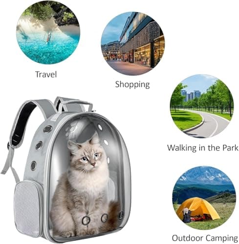 LN COZY CORNER Transparent Bubble Cat Backpack –Space Capsule Pet Carrier Backpack with Hard‑Shell Dome, Breathable Mesh & Padded Straps – Hands‑Free Travel Cat Bag Carrier (Grey) — view 4