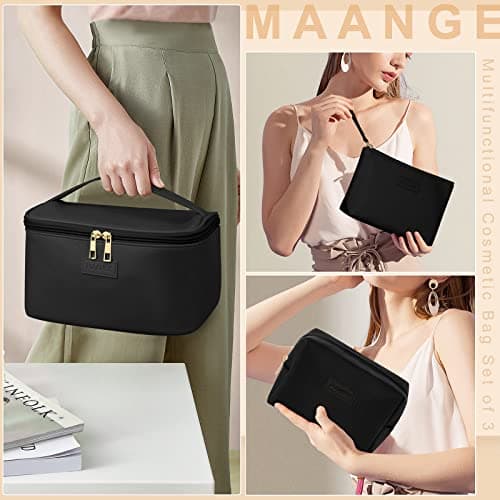 MAANGE 3 Pcs Makeup Bag(L+M+S) Travel Cosmetic Bags with Brush Compartment PU Leather Small Makeup Bag Portable Make Up Bag Versatile Zipper Makeup Pouch for Women, Black — view 2