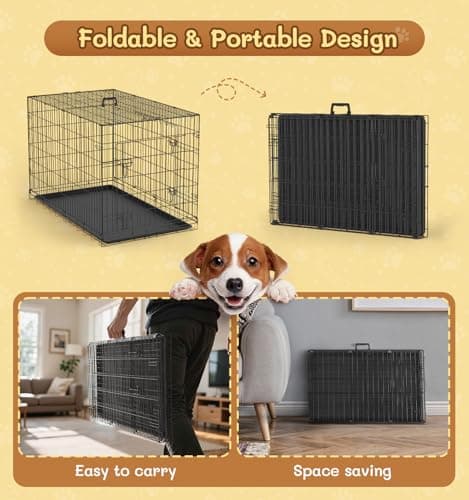 The Fellie Medium Dog Crate, Dog Cages Medium Size with Removal Base Tray, Collapsible Thickened Cat Iron Crate,35-Inch Training Cage Animal Carrier, Portable Metal Dog Travel Crate — view 3
