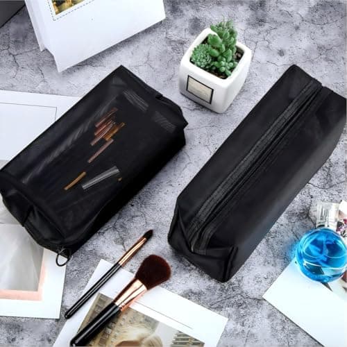 6 Pieces Mesh Makeup Bags Mesh Cosmetic Bag Portable Travel Organizing Zipper Pouch Toiletries Makeup Pouches for Home Office Travel Accessories (Black) — view 5