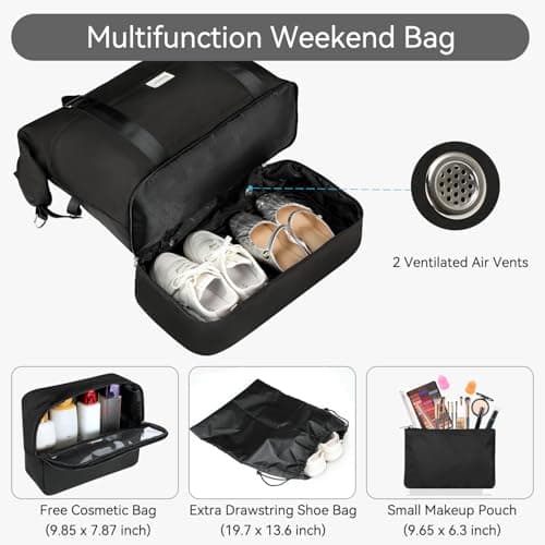 Voova Weekend Overnight Bag for Women, Large Travel Duffle with Shoes Compartment, Carry On Tote Bag with Toiletry 、Cosmetic Bag、Shoes 4 Pack Set for Ladies Gym, Hospital, Yoga, Black — view 3