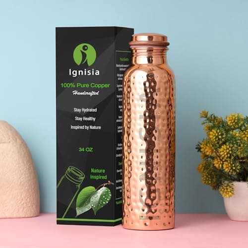 Copper Water Bottle 34oz - 100% pure Ayurvedic copper bottle for drinking | eco-friendly | copper vessel | BPA free non toxic lab tested | Leak-Proof | Handcrafted for Health & Wellness (Hammered) — view 6