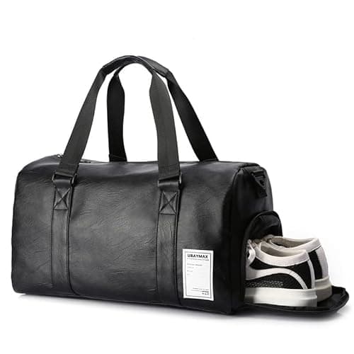 UBAYMAX Mens Black Leather Sports Duffle Gym Bag with Shoes Compartment and Wet Pocket, 37L Waterproof PU Leather Weekend Travel Overnight Bag for Men Holdall Bag Carry on for Basketball Swim Dance