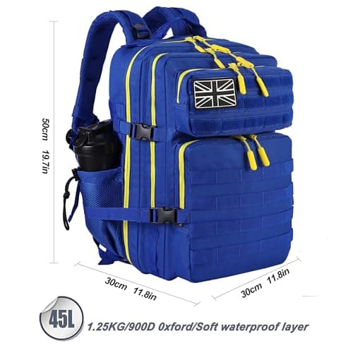 LHI Military Tactical Backpack for Men and Women 45L Large waterproof Rucksack for School, Hiking, Trekking, Hunting - Blue with yellow zipper — view 4