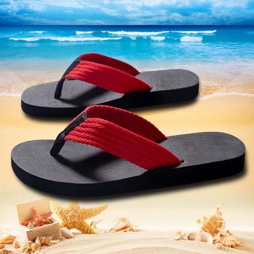 Men's Summer Casual Beach Flip Flops, Non Slip Breathable Sandals with Arch Support for Flat Feet, Clip Toes Big Size Flat Bottom Slippers for Outdoor Walking (Red, 6) — view 2