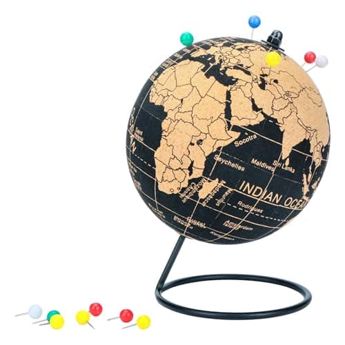 Exerz Cork Globe 14cm Pinnable English Map with Pins, Black Stand