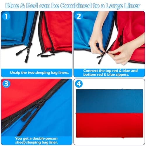 WILLNORN 2 Packs Sleeping Bag Liner-Connectable Travel Sheets for Hotel Camping, 2 Single Sleeping Bag Liners-Can be Combined Into 1 Double Sleeping Bag Inner-Red&Blue — view 5
