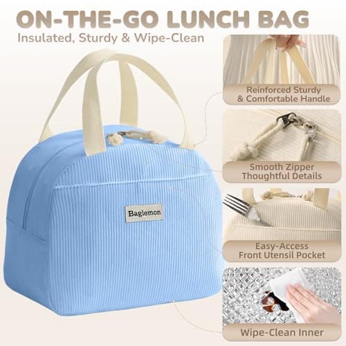 GODWOODS Corduroy Lunch Bag with Cotton Webbing Handles - 6.65L Thermal Insulated Food Tote, Leakproof Reusable Meal Prep Container for Office, Picnics & Travel (25x14x19cm) (Light Blue) — view 3