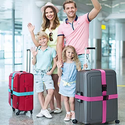 4 Pack Luggage Straps, Suitcase Belts Luggage Straps for Suitcases, Easy to Spot Suitcase Straps with Luggage Labels, Travel Accessories Band Luggage Belt for Baggage (2 Neon Blue + 2 Neon Pink) — view 2