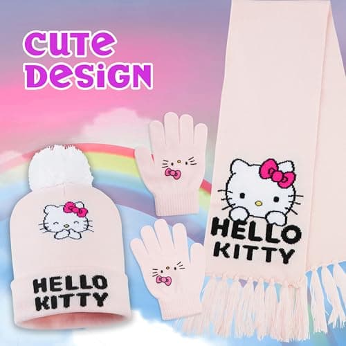 Hello Kitty Girls Scarf Beanie and Gloves Set 3 Piece Kawaii Cosy Warm Winter Accessories Anime Soft Knit for School Travel Days Out (Pink Hello Kitty, 4-12 Years) — view 6