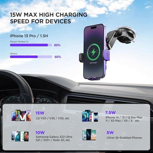 Car Phone Holder Wireless Charger,【7 Colored RGB Backlit】MOSURR 15W Auto Clamping Wireless Car Charger Mount for iPhone 16 15 14 Mini Pro Max, Samsung Galaxy S26 Ultra S25 S24+, etc - Purple — view 3
