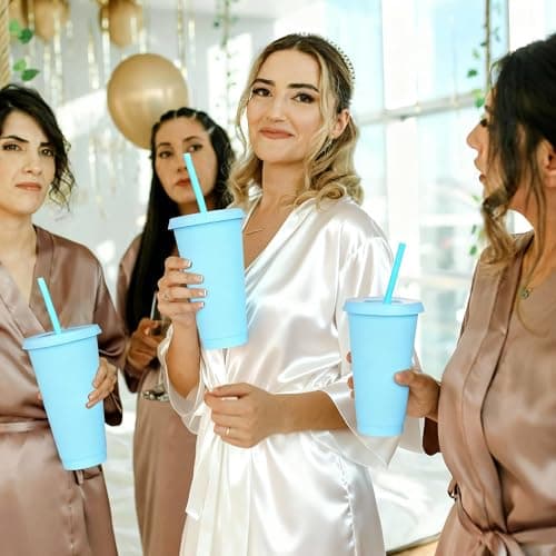 Yisituo 710ml Reusable Plastic Cups, 20 Pack Cold Cups with Lid and Straw, Tumblers Travel Mugs for Adults and Madam Party and Beach, Pool Gatherings (20, Light Blue) — view 5