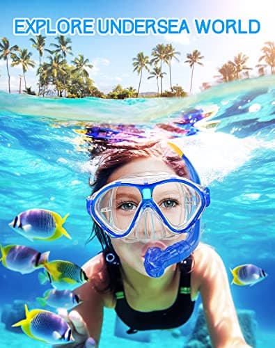 Gintenco Kids Snorkel Set, Dry Top Snorkel Mask Anti-Leak for Youth Junior Child, Anti-Fog Snorkeling Gear Free Breathing,Tempered Glass Swimming Diving Scuba Goggles 180° Panoramic View (Blue) — view 2
