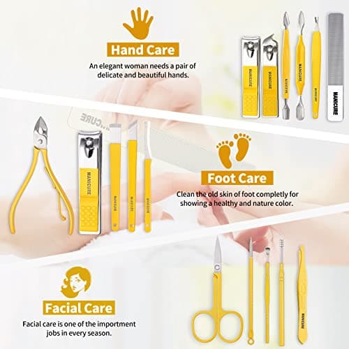 Manicure Set, Sumwitum Nail Care Kit, 16 PCS Nail Clippers Pedicure Kit, Stainless Steel Professional Nail Clipper Set with Leather for Women/Men/Friends and Parents Gifts (Yellow) — view 4
