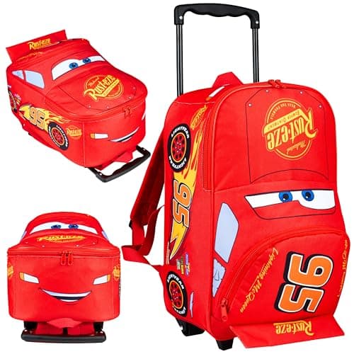 Disney Cars Backpack for Kids, 2-in-1 Lightning McQueen Trolley Bag for School & Travel, Compact Small Suitcase with Wheels (Red Lightning Mcqueen)