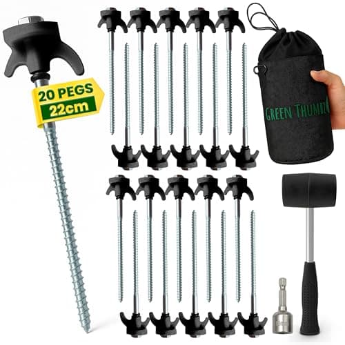 Heavy Duty Tent Pegs - 22cm x 20 Pack Black Hard Ground Tent Pegs with Storage Bag, Carabiner, Rubber Rings, Socket Bit and Mallet - Galvanized Camping Pegs for Outdoor