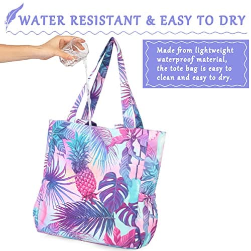 VASCHY Beach Bag for Women, Floral Lightweight Shoulder Tote Bag Foldable Water Resistant Sandproof Handbag Pool Gym Bag with Zip and Multi-pockets for Vacation, Travel(Purple Pineapple) — view 5