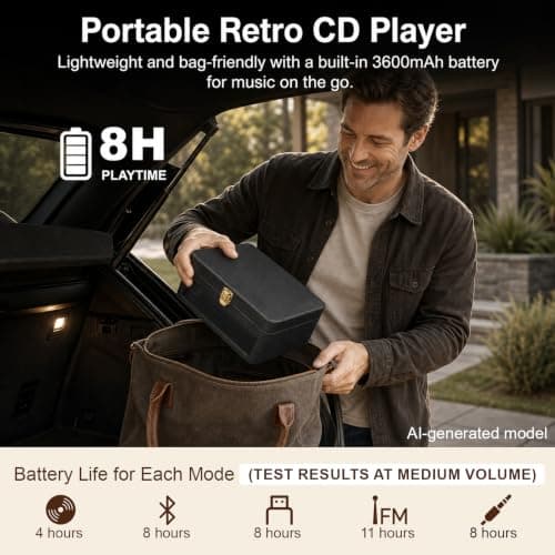 Gueray Portable Leather CD Player Bluetooth with Speakers 3600mAh Battery — view 5