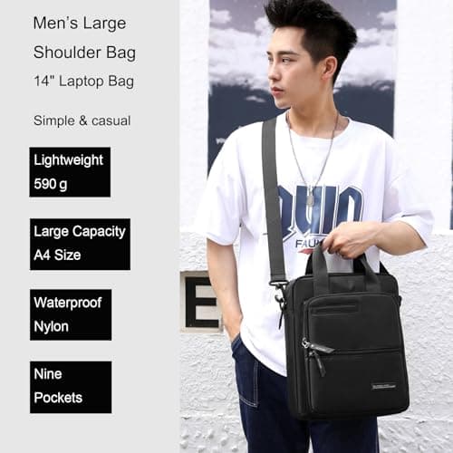 zhongningyifeng Men's 14-inch Laptop Messenger Bag Nylon Large Shoulder Bag Business Waterproof Casual Black Crossbody Bag for Work Travel Outdoor — view 2