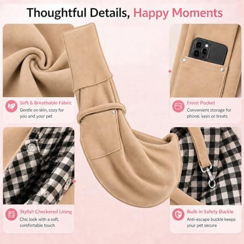 Beige Dog Sling Carrier for Small Pets up to 7.5kg - Adjustable Hands-Free Shoulder Bag with Ergonomic Strap, Secure Clip, Front Zipper Pocket for Comfortable Travel, Outdoor Walks — view 4